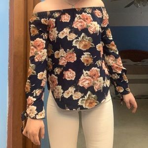 off the shoulder long sleeve floral shirt